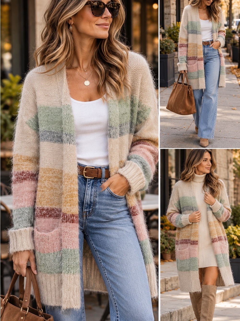 DEX Pastel Striped Fuzzy Longline Open Cardigan Oversized Size S